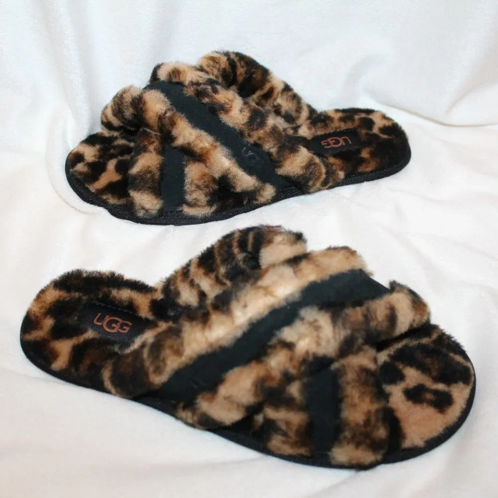 NIB UGG WOMEN'S PANTHER PRINT FUR SLIDE SLIPPER SANDALS BLACK BROWN - Picture 1 of 6